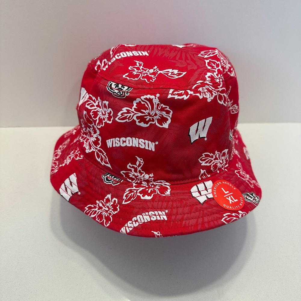 Reyn Spooner Wisconsin Badgers Hibiscus Floral Bucket Hat Red Mens L/XL NEW - Picture 2 of 8